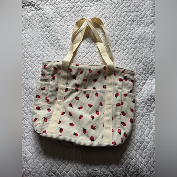 Handbags - Strawberry Print Tote Bag Zip Closure
